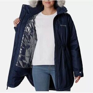 Columbia Womens Suttle Mountain Faux-Fur Trimmed Mid Jacket Coat Navy Blue Small